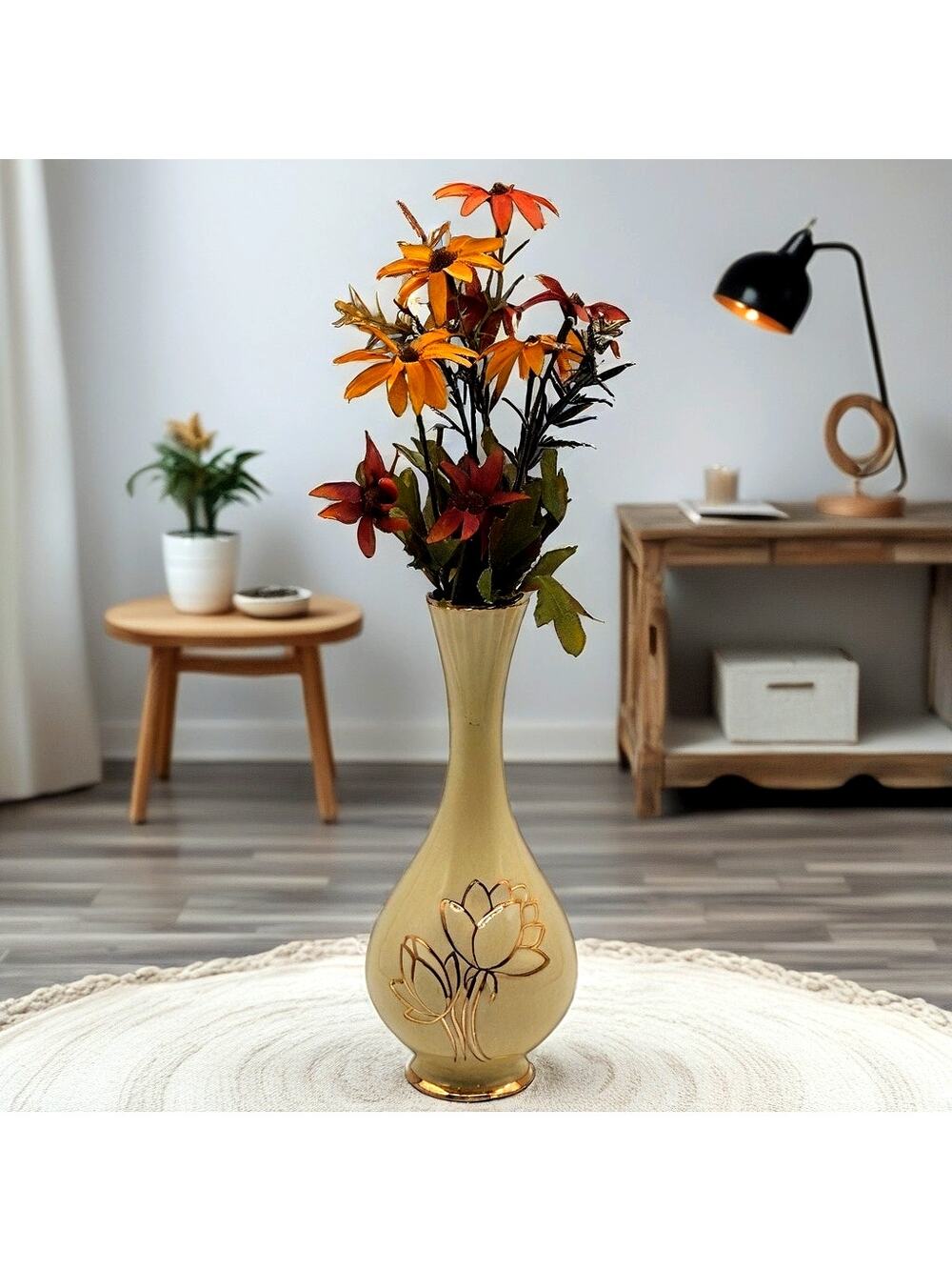 Vintage Golden Ware 22K Gold Lotus Flower Ceramic Vase Ribbed Neck 8.5 Inch